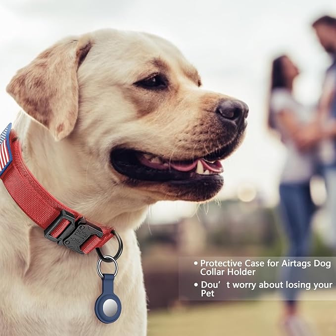 DAGANXI Tactical Dog Collar, Adjustable Military Training Nylon Dog Collar with Control Handle and Heavy Metal Buckle for Medium and Large Dogs, with Patches and Airtags Case (Red, M)
