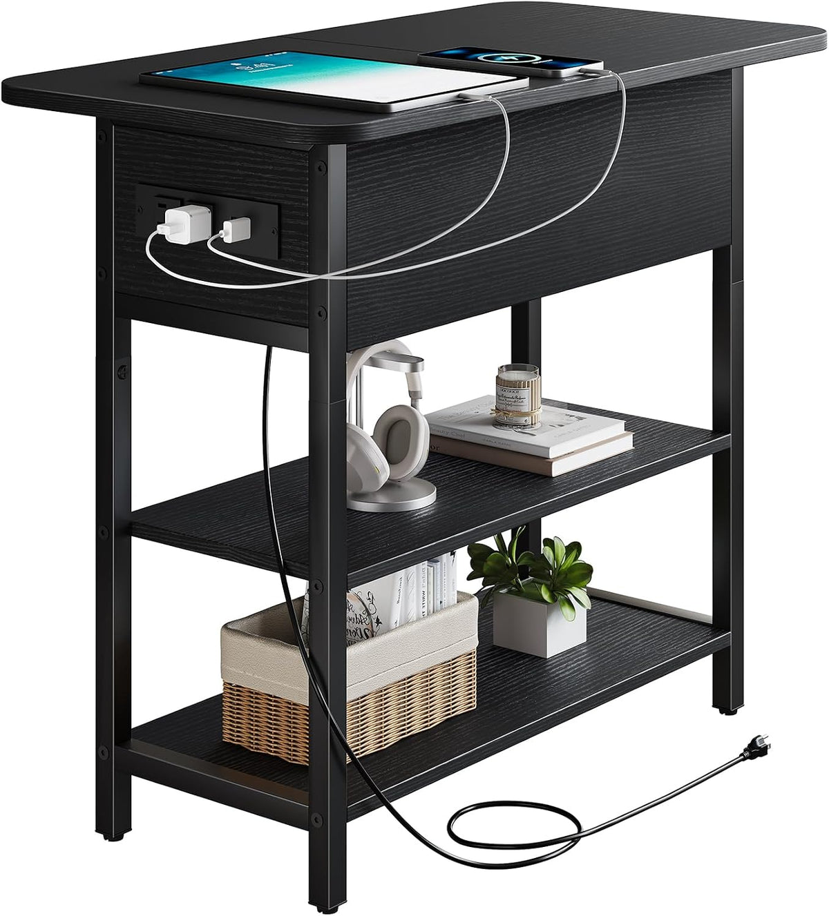 Yoobure End Table with Charging Station, Flip Top Side Table with USB Ports and Outlets, Sofa Couch Table Bedside Table for Living Room Bedroom, Narrow Nightstand with Storage Shelves for Small Space