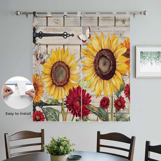 Red Yellow Sunflowers Living Room Curtains 84 Inch Length, Window Curtains Tab