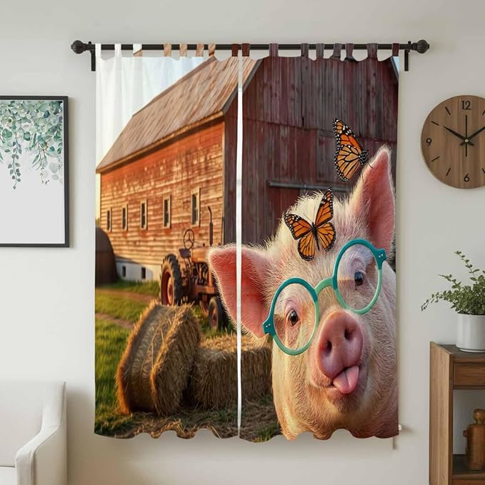 Farm Pig Living Room Curtains 96 Inch Length, Window Curtains Tab Top,