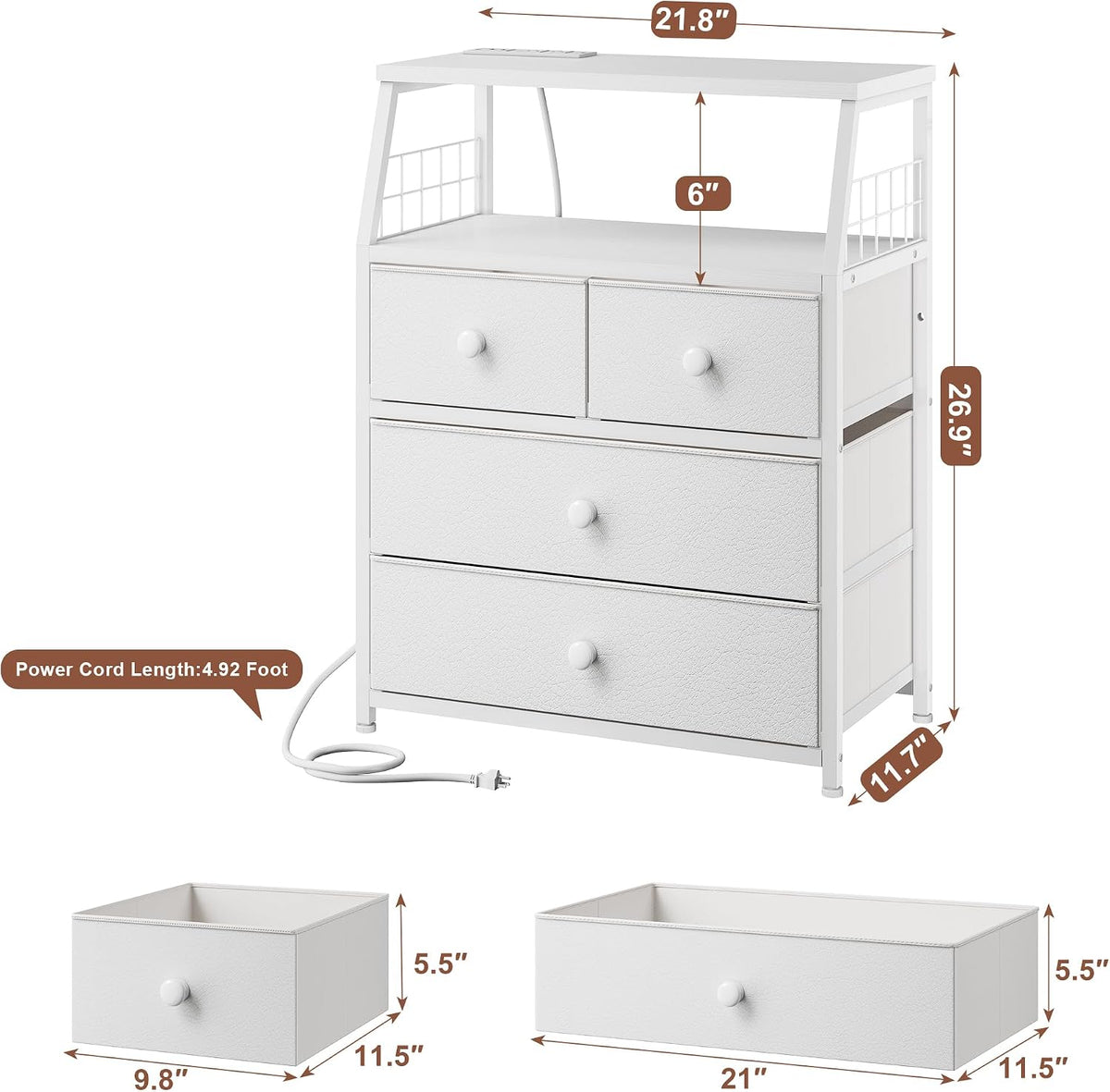 EnHomee Nightstand, 4 Fabric Drawer, LED Lights, Bedside Table