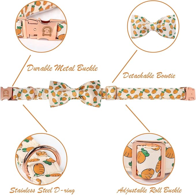 Easter Dog Collar with Bowtie, Cute Carrot Easter Dog Collar with Metal Buckle,Adjustable Soft Pet Collar for Small Medium Large Dogs