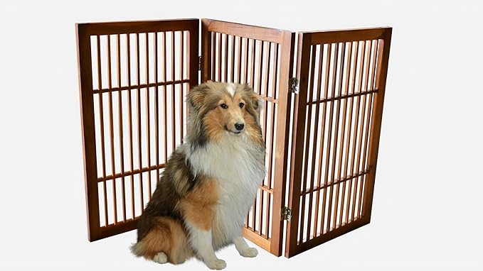Urnporium Pet Dog Gate Freestanding, Strong Durable Folding Wooden Fence, Portable Acacia Hardwood Safety Barrier for Indoor & Outdoor Use (Brown Pet Gate, 3 Panel 30" Tall)