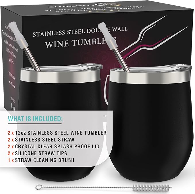 CHILLOUT LIFE 12 oz Stainless Steel Wine Tumblers 2 Pack