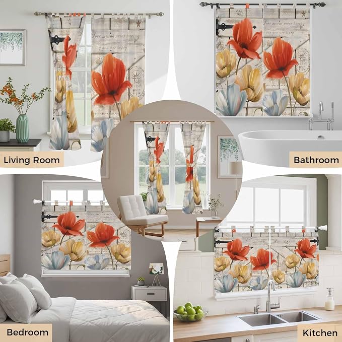 Retro Floral Kitchen Curtains 45 Inch Length, Short Cafe Window Curtains Tab Top