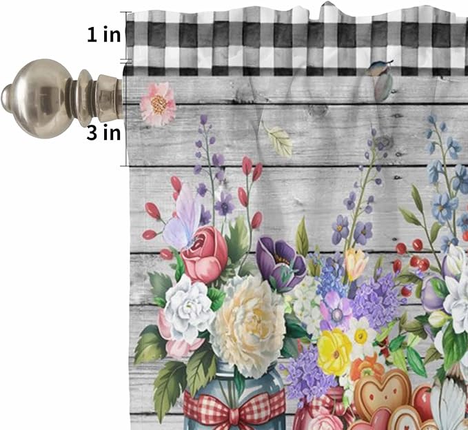 Spring Flowers Kitchen Curtain Set, Farmhouse Black Plaid Wood Grain Window