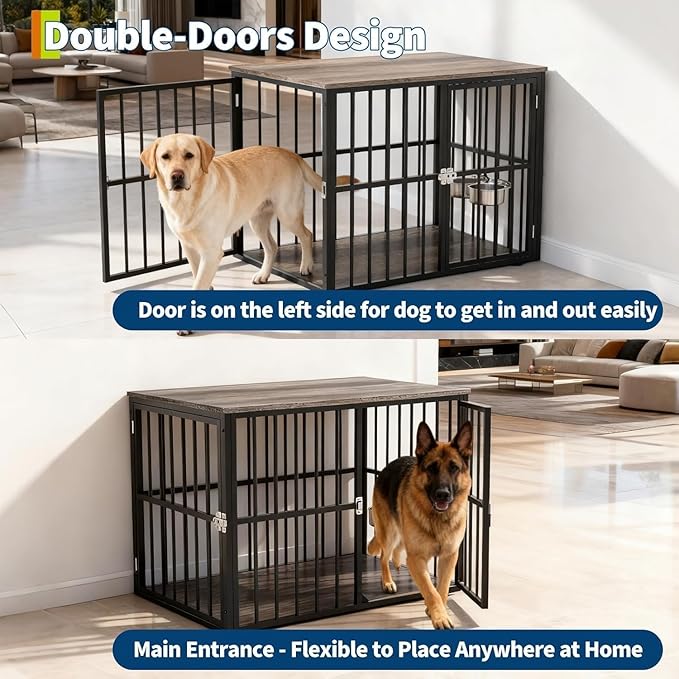43 Inch Indoor Wooden Dog Crate Side Table, Furniture Style Pet Cage with Double-Door Access and Adjustable Food Bowl, Heavy-Duty Dog Kennel for Medium and Large Breeds