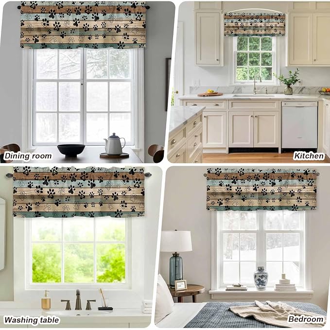 Dog Paws Valances for Windows, Teal Brown Wood Grain Kitchen Valance Light