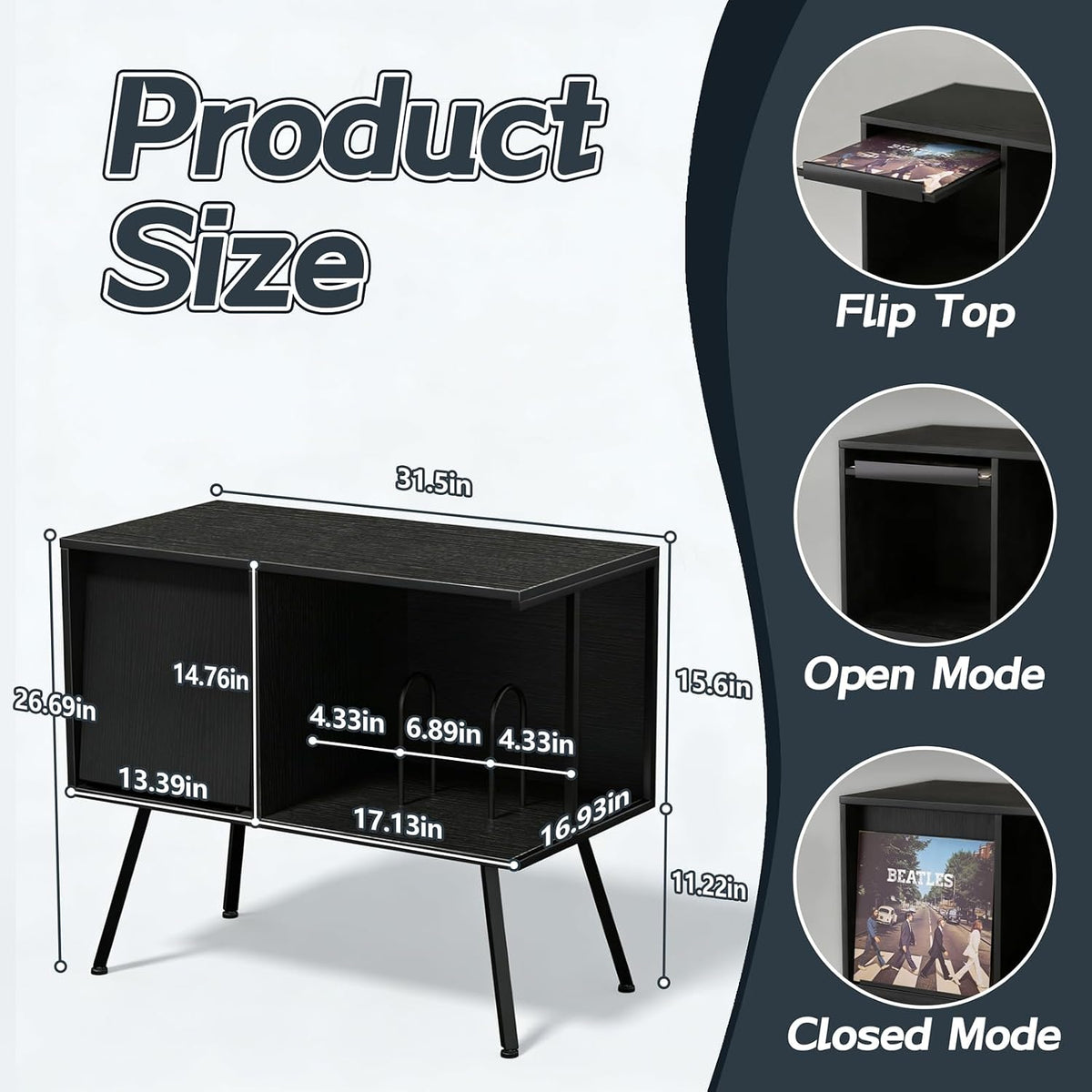 Faesun Record Player Stand with Flip-Down Record Shelf, Black