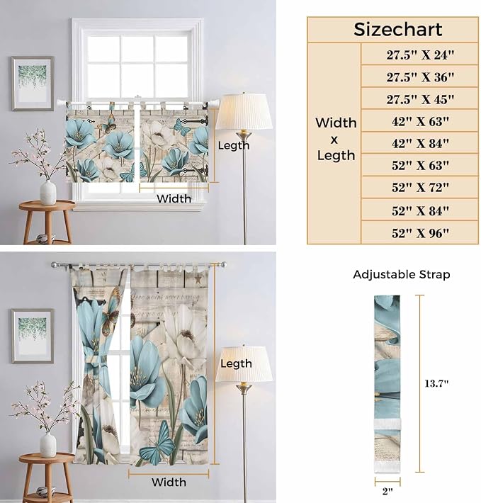 Teal Blue Tulips Bedroom Curtains 63 Inch Length, Window Curtains Tab Top