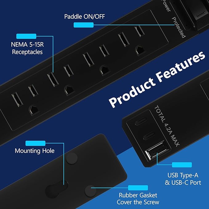 LIDER Outlet Extender with 4 Receptacles, USB-A and 2 USB-C, Ultra-Thin Flat-Plug with Cord Extender, 4-Outlet Power Strip, 45 Degree Angle, Surge Protectect 1500 Joules, 5ft Cord, UL-Listed, Black