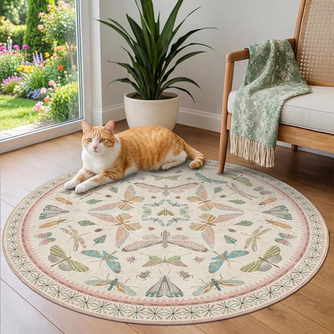 Boho Light Pink Round Rugs for Kids Bedroom - 4 ft Unique Circle Area Rugs for