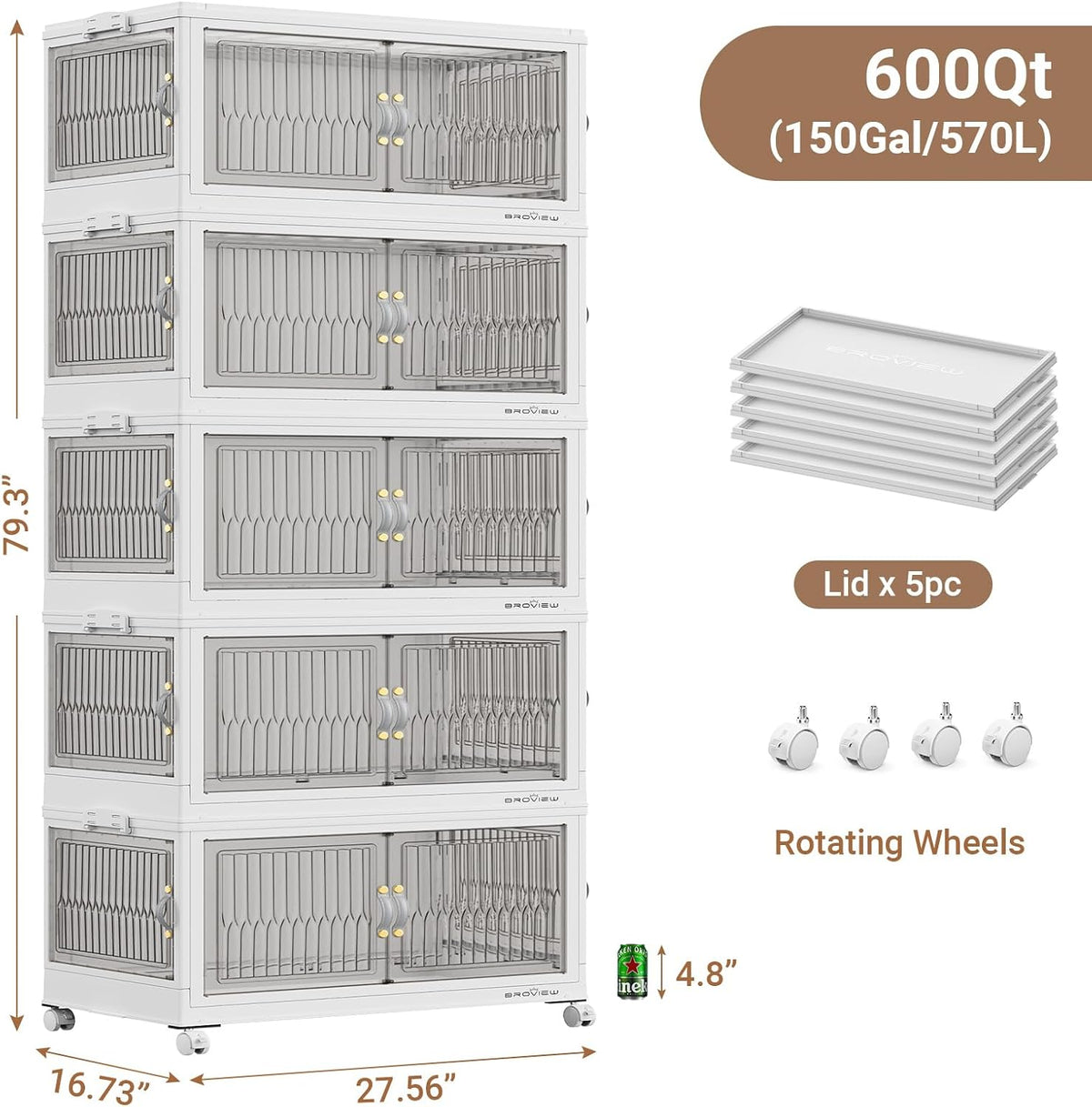 BROVIEW 150Gal Stackable Storage Bins with 5 Lids Foldable Cabinet, W,5Pack