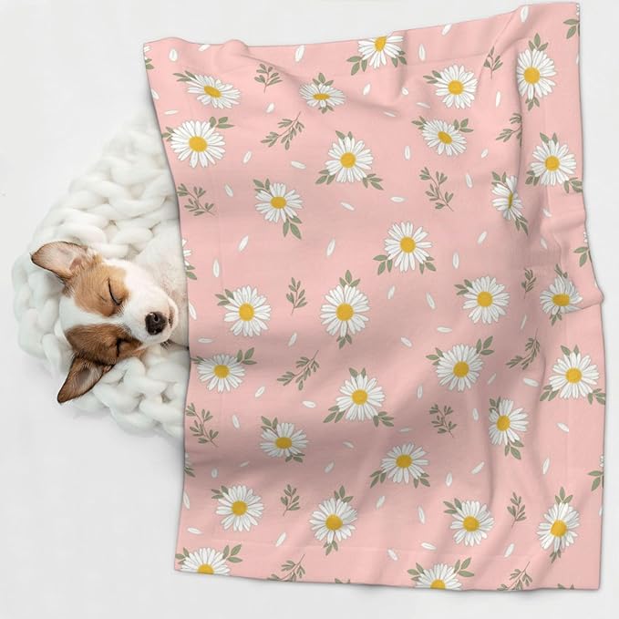 Reversible Pet Blanket for Easy Cleaning Maintenance, Shabby Chic Flower Daisy Roses Spring Season Theme Pink, Double Sided Plush Dot Design Means Double Use Between Washes for Convenience