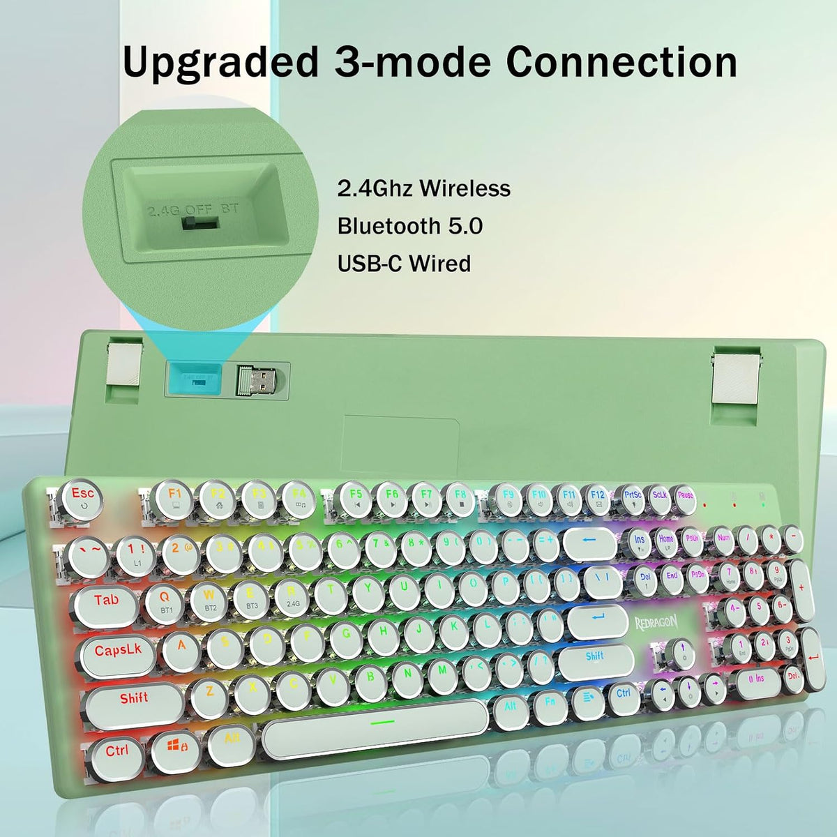 Redragon K710 Wireless Typewriter Mechanical Gaming Keyboard, Green
