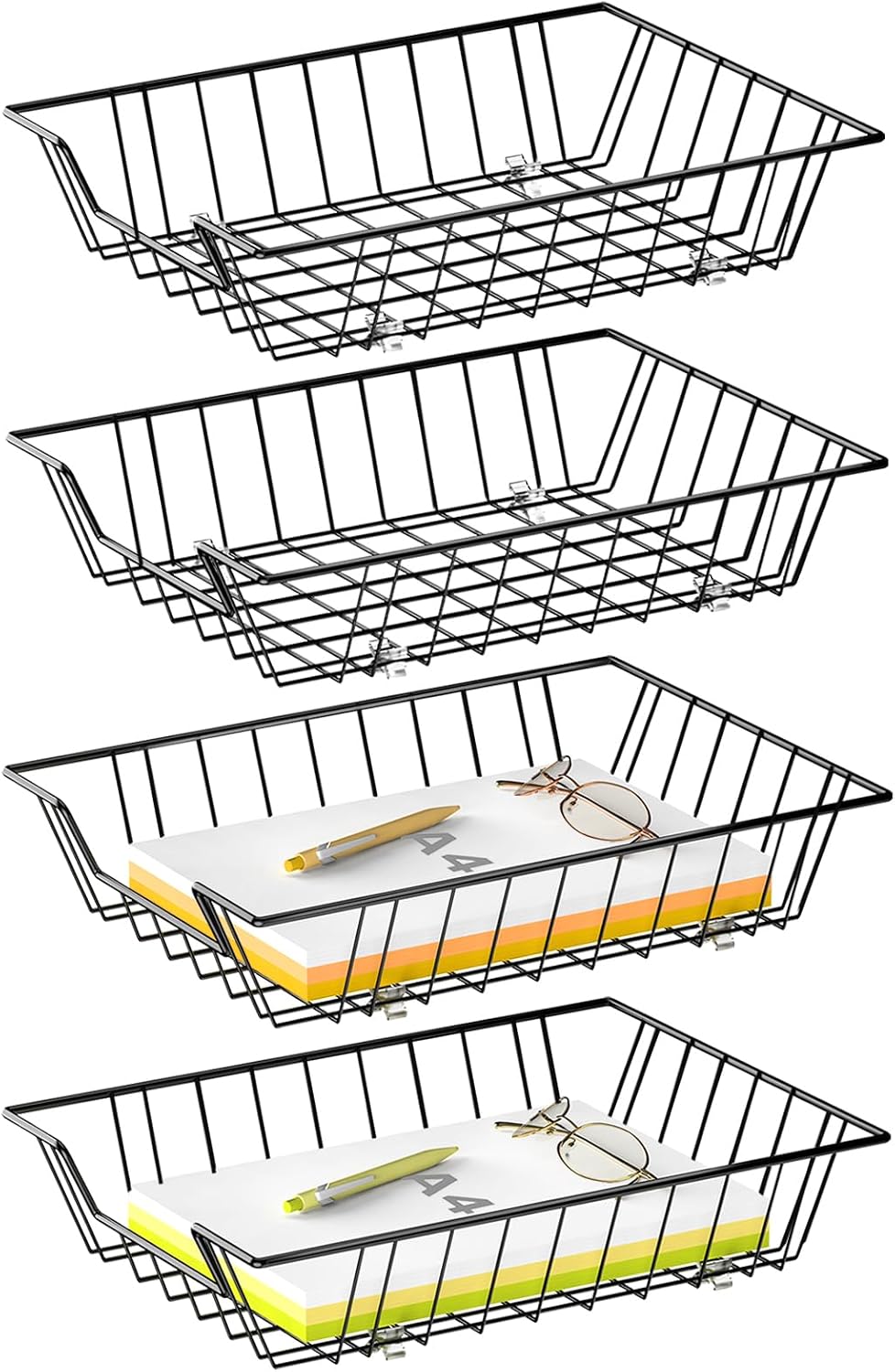 4-Pack Paper Tray Organizer for Desk, Wire Baskets and Letter Trays, Black