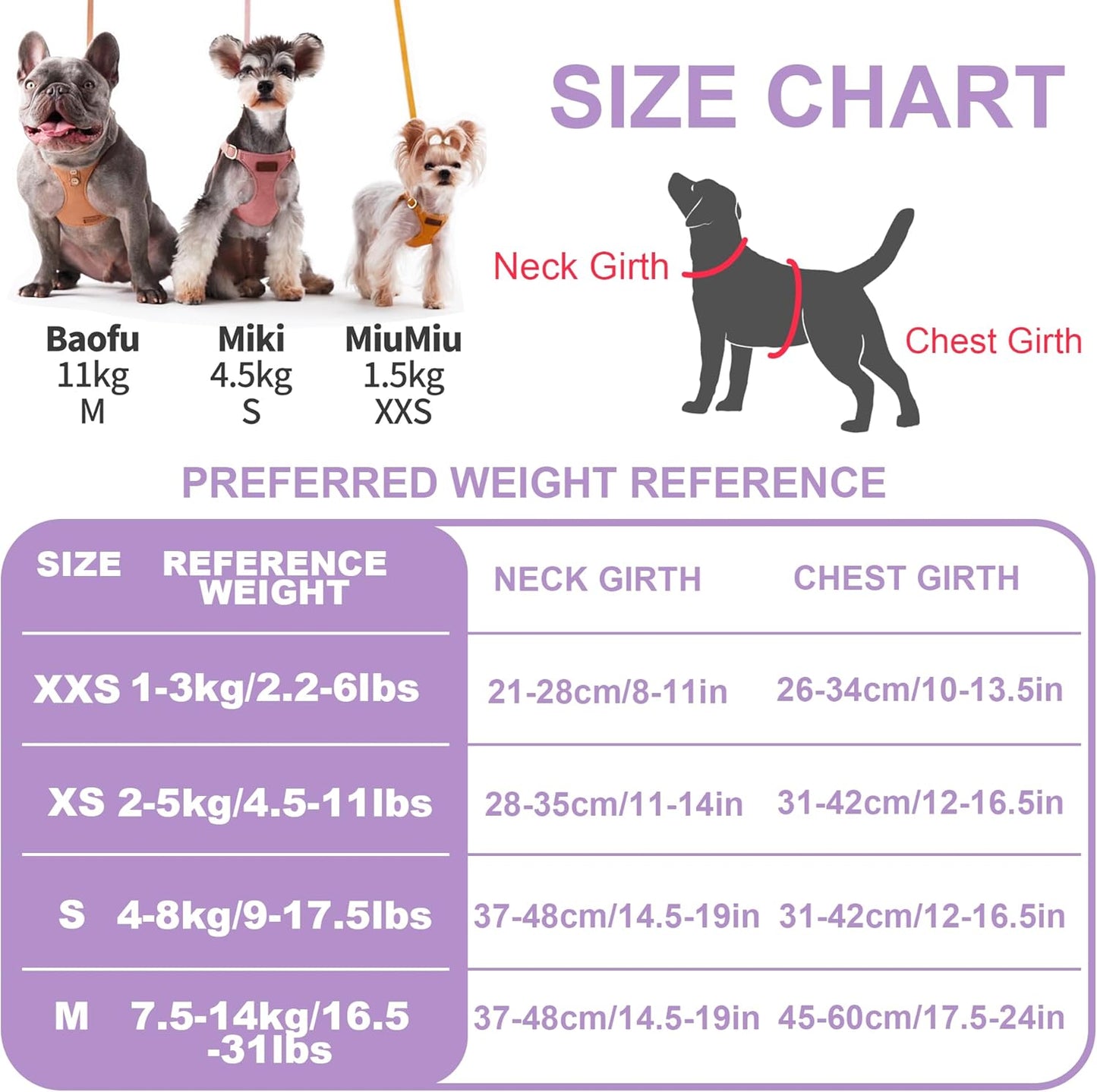 Puppytie No Pull XXS Puppy Harness with Multifunction Dog Leash,Soft Adjustable No Choke Escape Proof Pet Harness Vest,Light Purple,XXS
