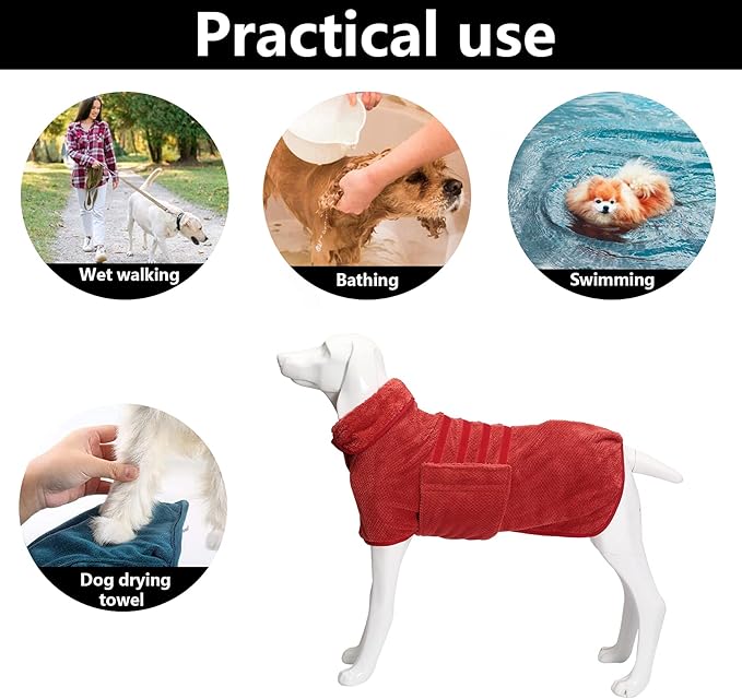 Geyecete Pineapple Grid Fast Drying Super Absorbent Dog Cat Bath Robe Towel - Red - XXL