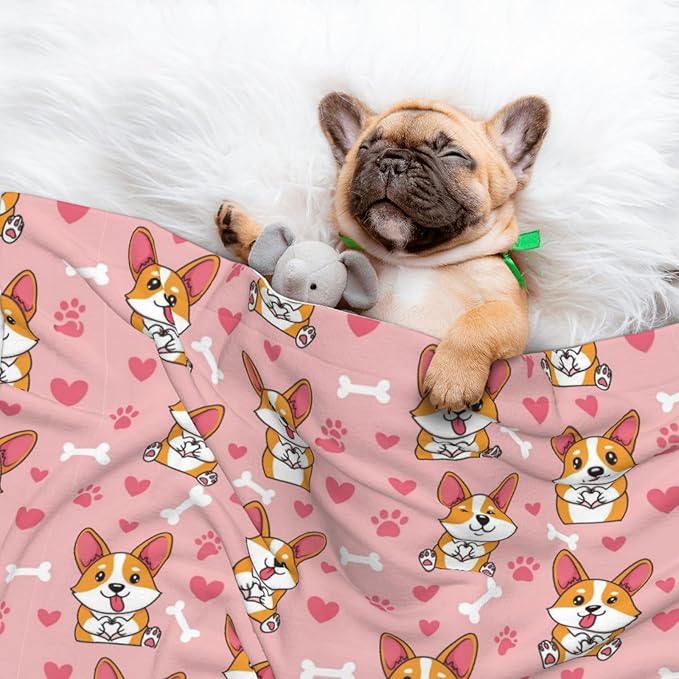 Pet Blanket for Travel and Home, Cute Happy Corgi Dog, Reversible Plush Dot Design with Soft Grip Texture on One Side Perfect for Car Seats Moving Vehicles