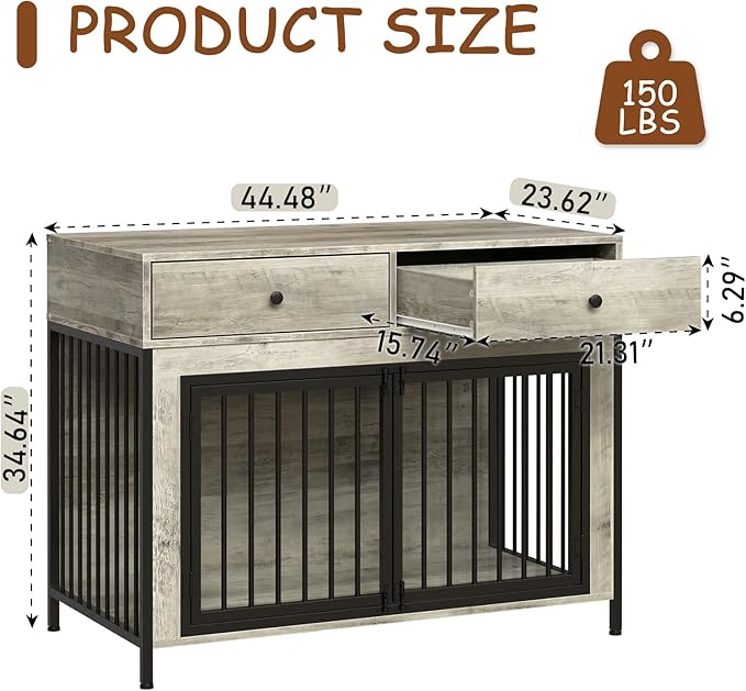 PUKAMI 44inch Large Dog Crate Furniture with Drawers, Wooden Dog Kennel Furniture for Indoor use, Grey End Table Dog House, for Small/Medium/Large Dog, 2-Pack Set