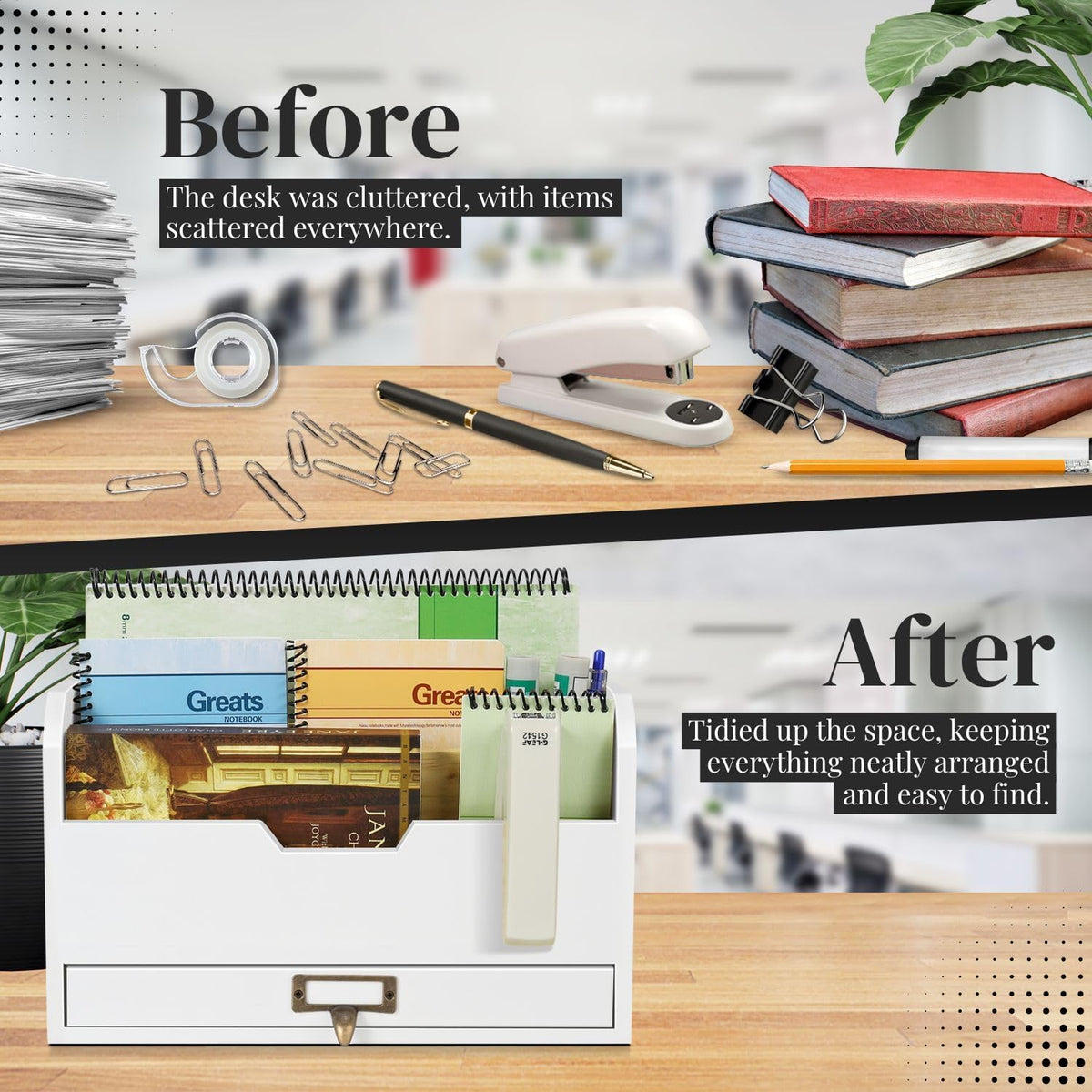 Flexzion Wood Desk Organizer, 3-Tier Mail Organizer with Drawer, Beige Wood