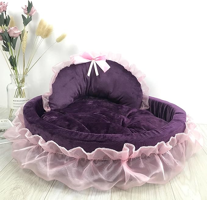 Princess Pet Bed with Bows Ruffled, Lace Design Soft and Beautiful Dog Sofa Detachable Cushion Princess Nest, Indoor Cave, Bottom, Removable Plush Cover