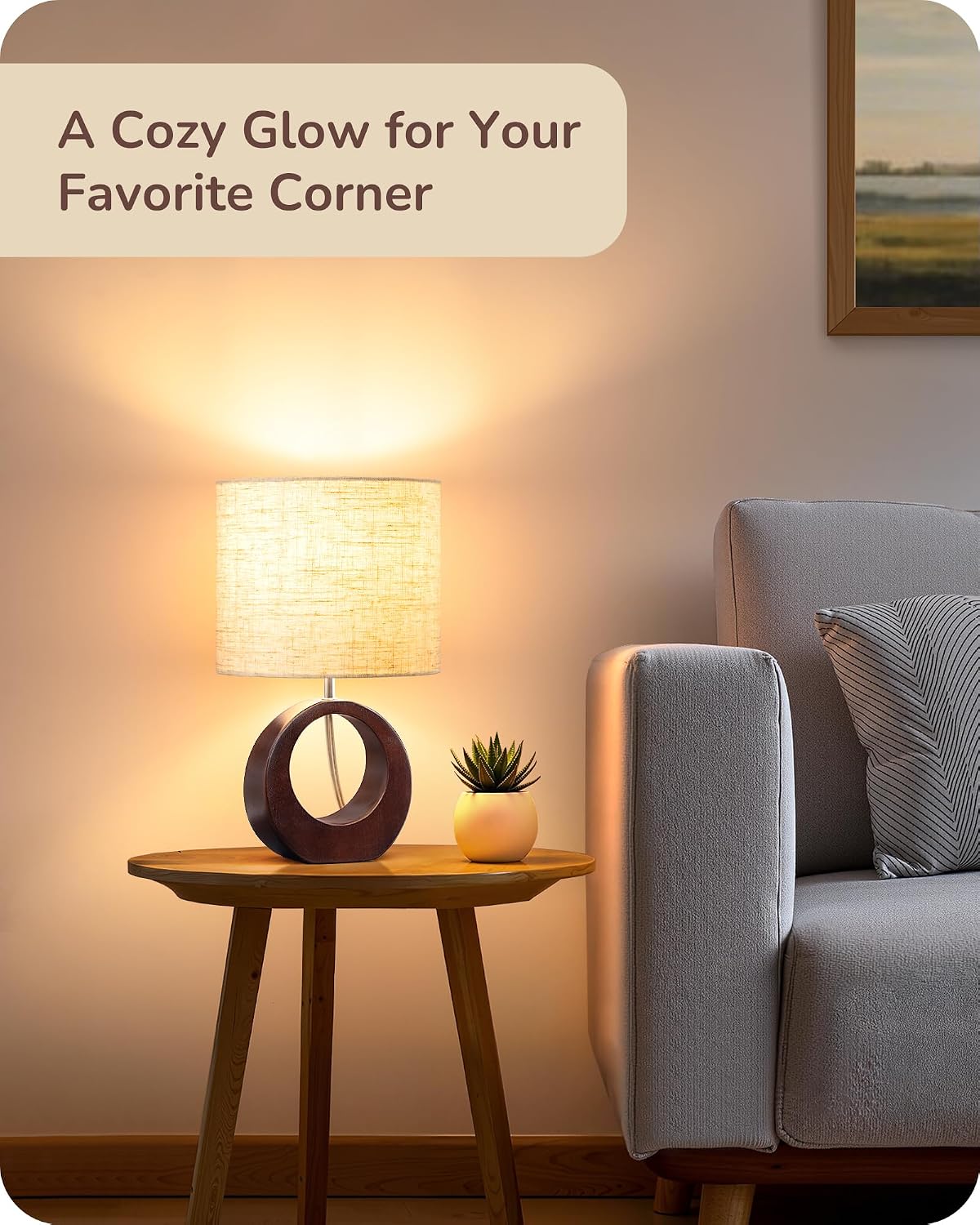 EDISHINE 13.4" Small Wood Table Lamp, ON-Off Switch, E26 Base, Bedroom