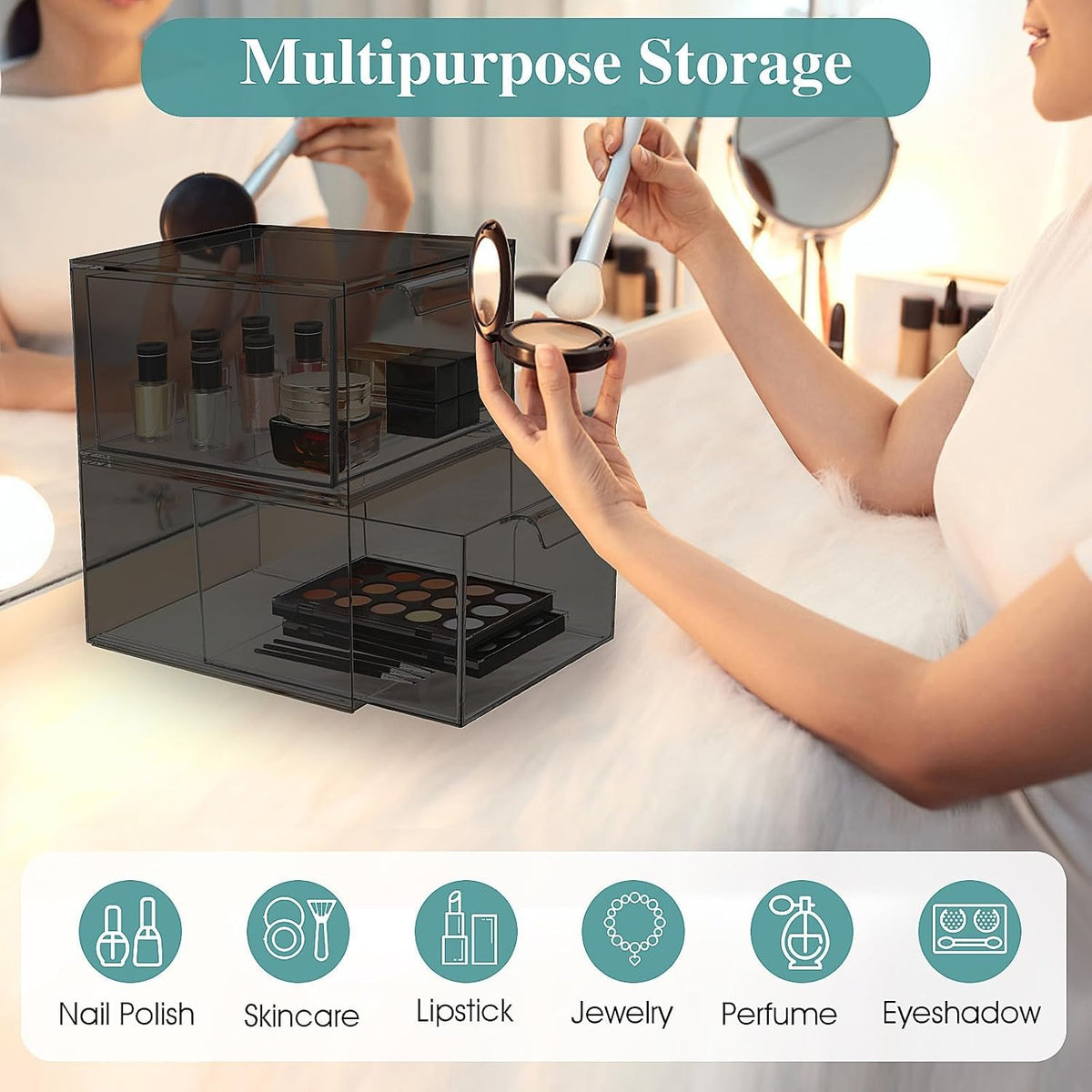 6 Pack Stackable Acrylic Makeup Organizer, Smoke Black Storage Drawers