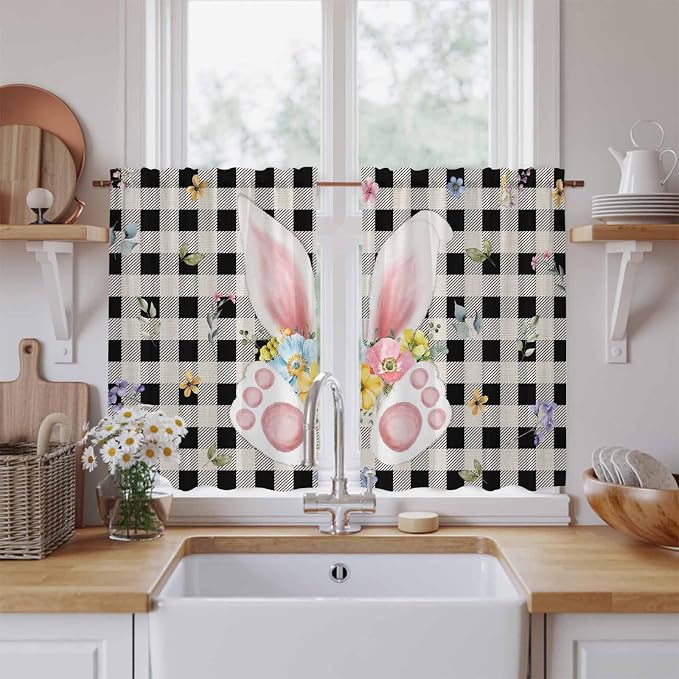 Easter Kitchen Tier Curtains 45 Inch Long 2 Panel Set, Rod Pocket Short Window