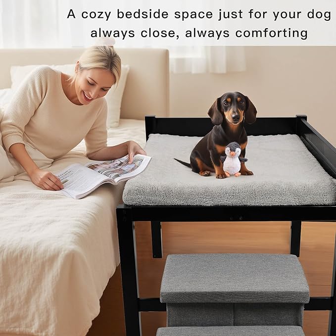 Bedside Dog Bed with Mattress - Raised Wooden Pet Cosleeper with Guardrail, Removable Mattress & 3-Step Foldable Stairs, Freestanding Bassinet-Style Elevated Dog Bed for Medium Sized Dogs