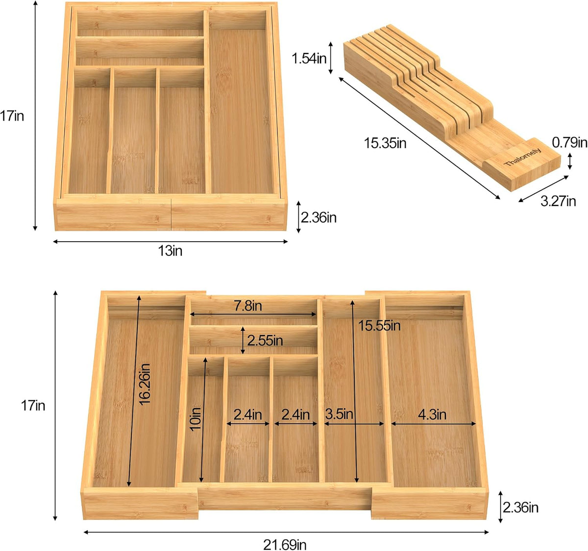 Bamboo Silverware Drawer Organizer, 6-8 Slots Kitchen Drawer Tray