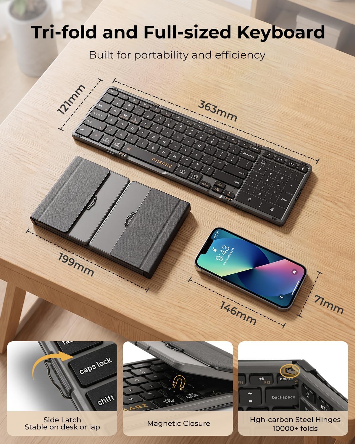AIMARZ AF01 Foldable Keyboard, Full-Size Keys, Touchpad/Number Pad, Black
