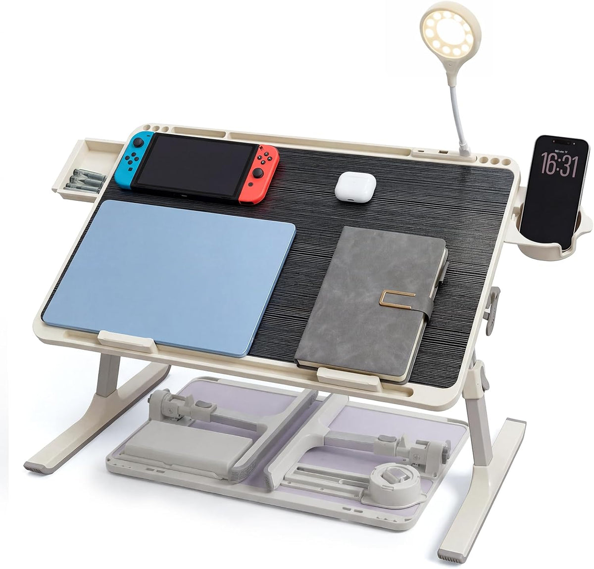 Foldable and Adjustable admireshun Laptop Bed Table with Hidden Drawer, Cup Holder, USB Voice-Controlled Night Light, Black, 23.6"x15.7", Suitable for Working, Gaming, and Other uses on Bed and Sofa