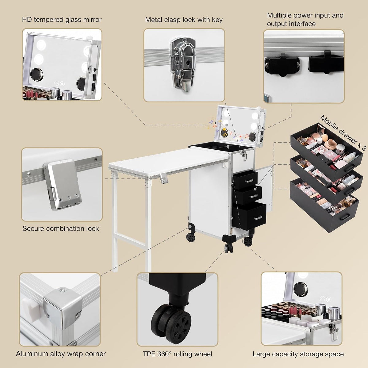 Rolling Portable Manicure Table with 3 Drawers, Makeup Case Foldable Nail Desk with Wheels, Lockable Mesa de Uñas Profesional para Nail Techs, Mobile Nail Makeup Workstation