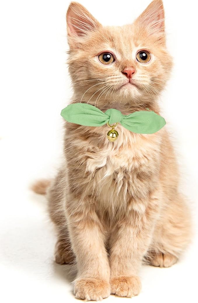 Bunny Ear Cat Collar with Bell and Bow Tie, Breakaway Cute Bowtie Kitten Collars(Grass Green)