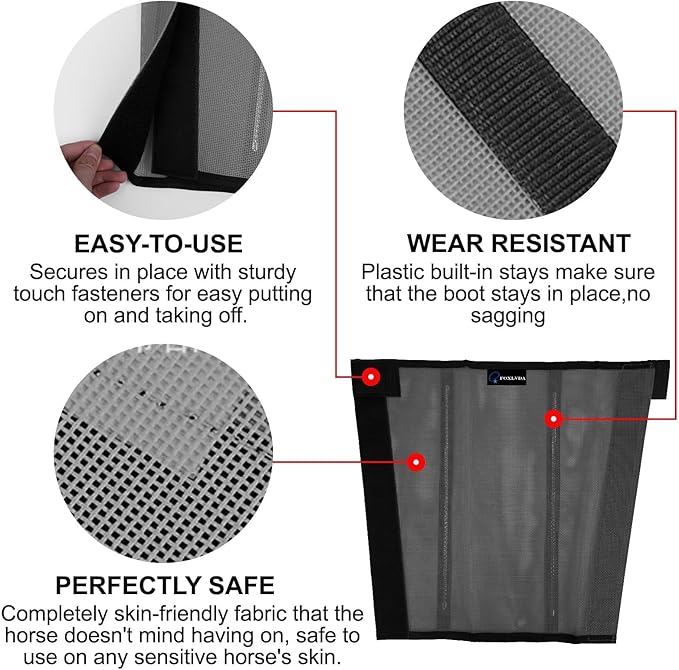 FOXLVDA Horse Fly Boots - Fly Boots for Horses Set of 4, Comfortable Horse Leggings, Mesh Material Design with Metal Support Bars for Reduces Stomping & Leg Fatigue (Dark Gray, Large)