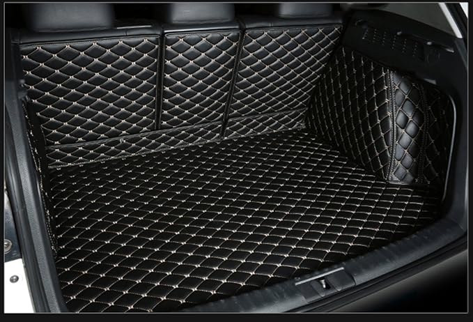 Car Trunk Mat for Mercedes GLC SUV 5 Seater 2023-2025(Non for Hybrid) GLC260 GLC250 GCL300 GLC350 GLC450 Full Cover Cargo Mat+Backrest Cover+Both Sides Panel Black w/Gold Stitching
