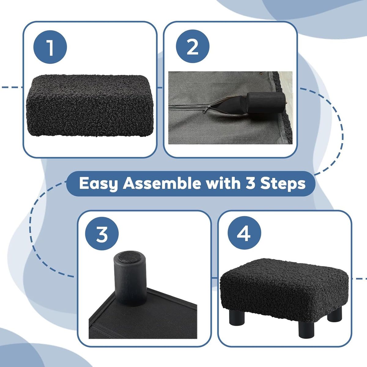 BRIAN & DANY Small Foot Stool Ottoman, Footstool with Legs, Sherpa Foot Rest for Couch, Foot Stools Small for Living Room, Bedroom and Office, Coal Black