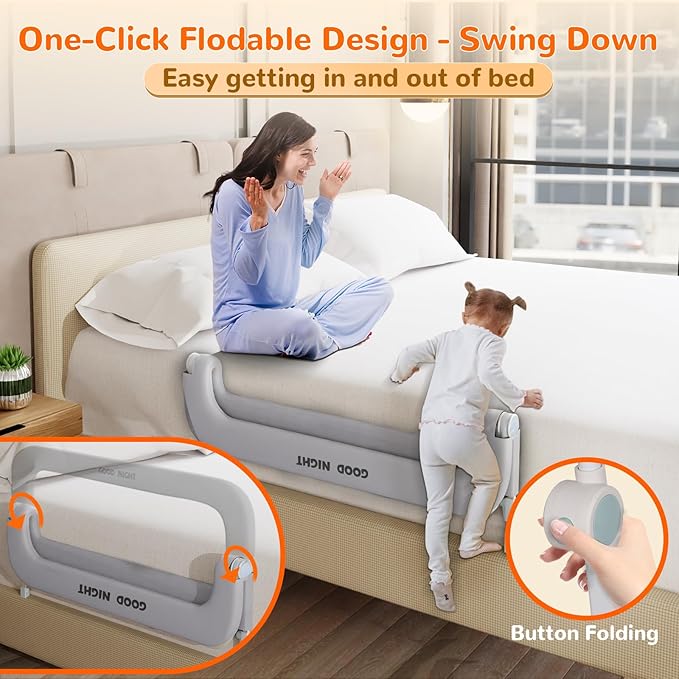 Bed Guard Rail for Toddlers - 32" Adjustable Heights & Folding up Portable Bed Railing for Baby - Toddler Bed Rails Guard for Crib, Twin, Bunk,Full Size, Queen & King Bed(Grey)