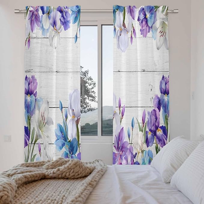 Spring Flowers Kitchen Curtains, Watercolor Garden Florals Wooden Grain Light