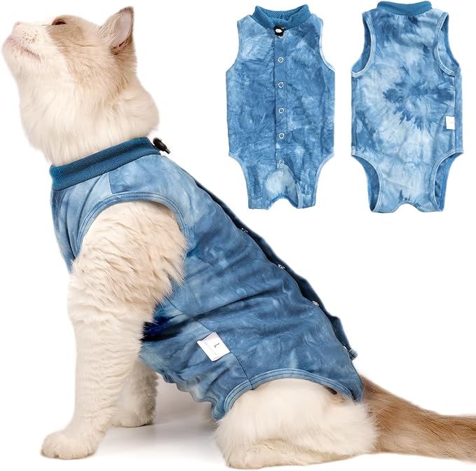 Cat Recovery Suit for Male and Female Surgical Post Surgery Soft Cone Onesie Tie Dye Cats Shirt Clothes Neuter Licking Protective Diapers Outfit Cover Kitten Spay Collar Alternative(Navy Blue, M)
