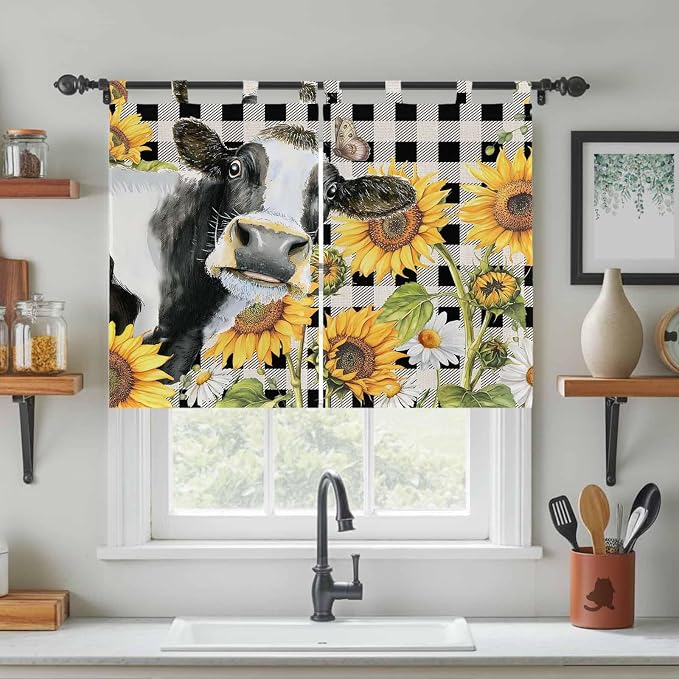 Retro Sunflowers Bedroom Curtains 63 Inch Length, Window Curtains Tab Top