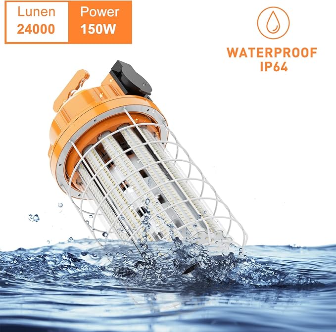 150W LED Temporary Work Light Fixture 24000 Lumen Daylight White 5000K IP64 Dust & Waterproof Stainless Steel Protective Cover for High Bay Construction Jobsite Workshop (150)
