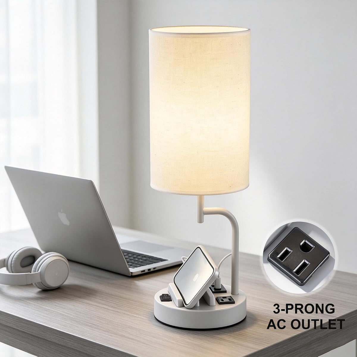 Dreamholder 2 Pack Table Lamp, Bedside Lamp with 3 USB Charging Ports & AC Outlet, USB Desk Lamp with 2 Phone Holders, Linen Fabric Shade Nightstand Lamps for Bedroom Living Room Office, Gray