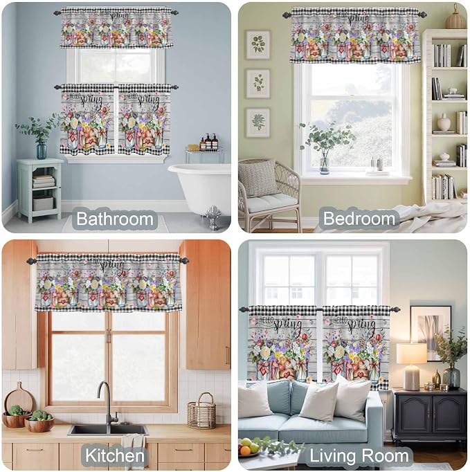 Spring Flowers Kitchen Curtain Set, Farmhouse Black Plaid Wood Grain Window