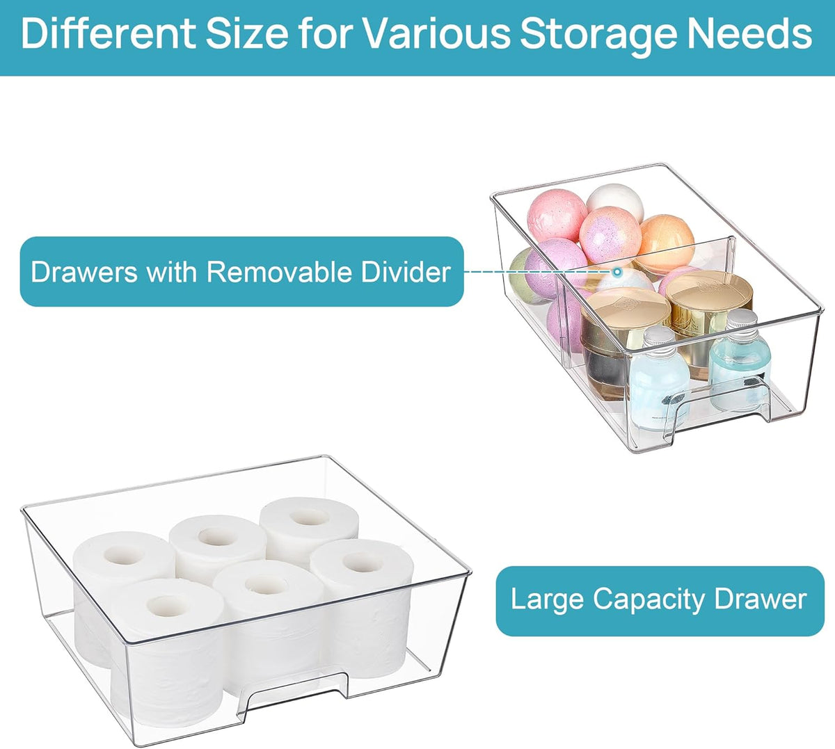 Vtopmart Clear Stackable Storage Drawers, 3 Pack Wide Organizer Set