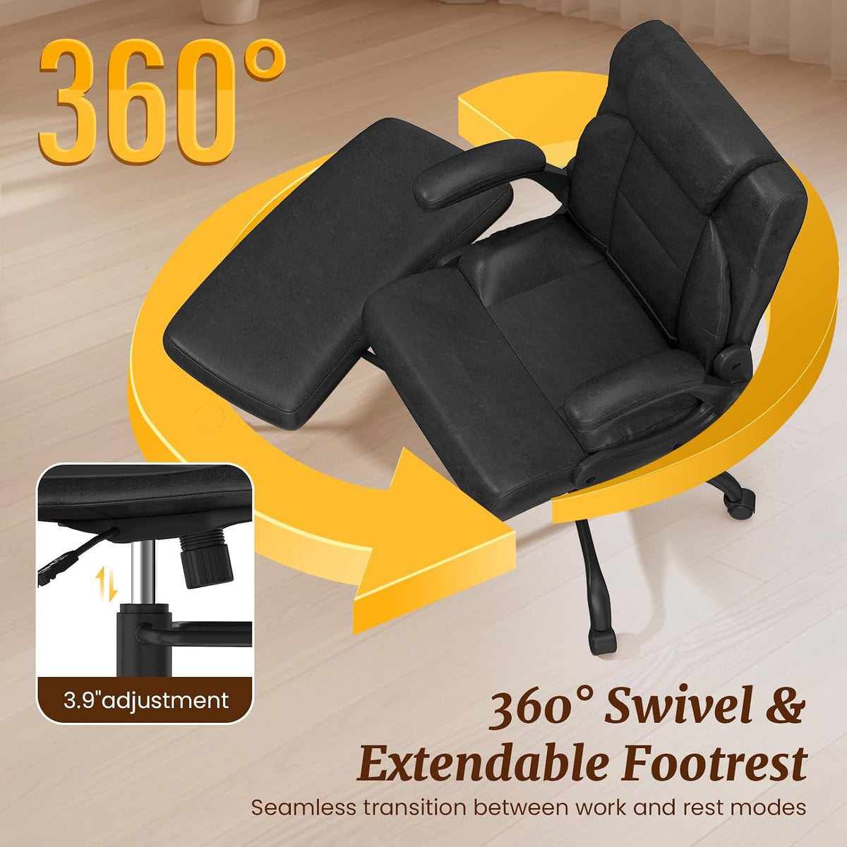 Cross Legged Office Chair with Arms, Wide Criss Cross Chair with Wheels, 360° Rotating Footrest, Height Adjustable Swivel Chair for ADHD, Heavy Duty Ergonomic Office Chair for Home Office Relaxing