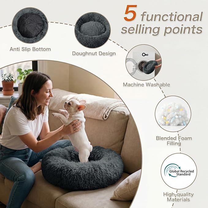 Calming Dog Bed, 24" x 24" x 6" Fits Cat & Dog, Anti-Slip Round Washable Faux Fur for Doze Off, Napping Orthopedic, Dark Grey