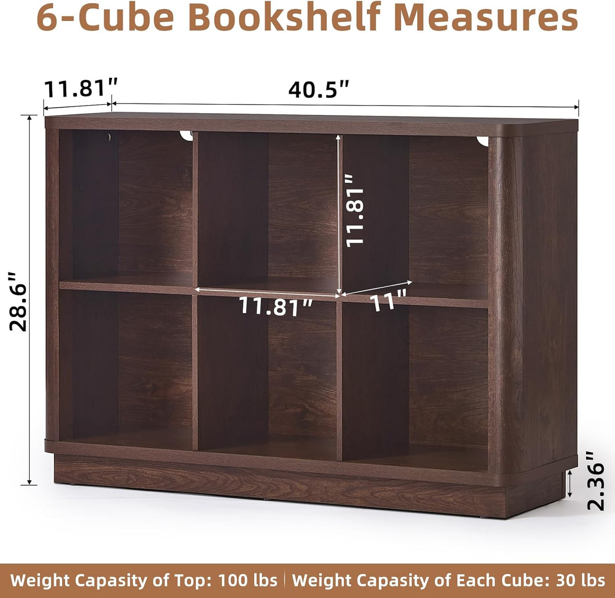 Joaxswe 6 Cube Bookcase, 40" Wide Low Horizontal Book Shelf w/Curved Edge, Wood Floor Standing 2-Tier Bookshelf with Base, Modern Short Storage Organizer for Bedroom,Office, Walnut