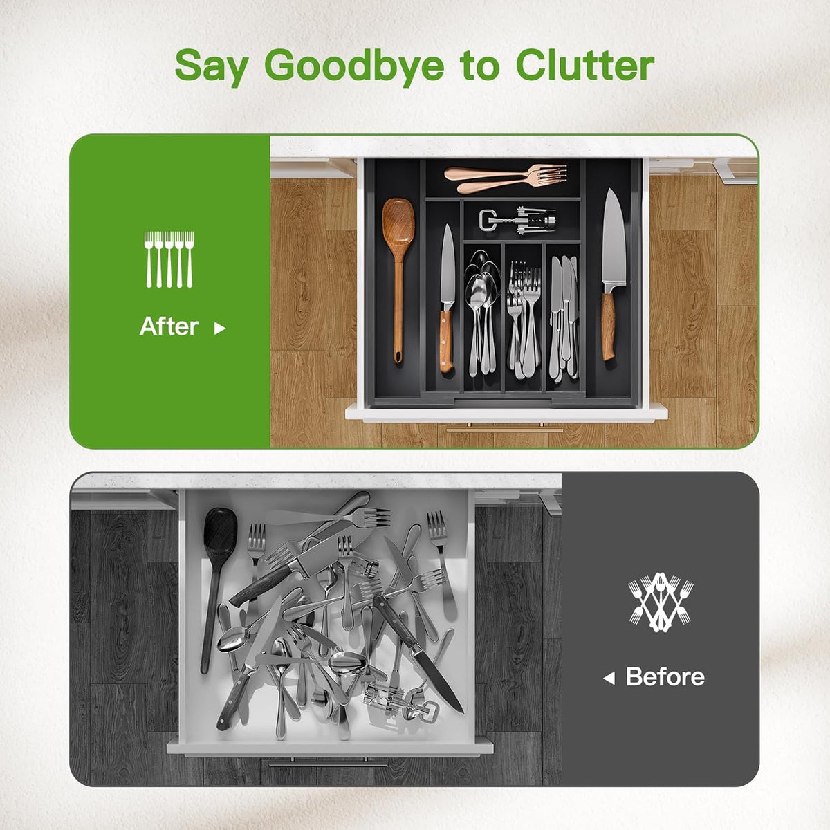 Pipishell Bamboo Expandable Silverware Drawer Organizer, Black, Medium